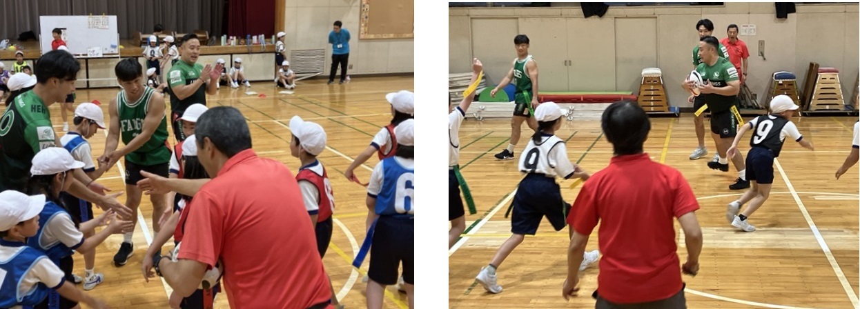 選選手と児童が一緒にタグラグビーをプレイしました！！